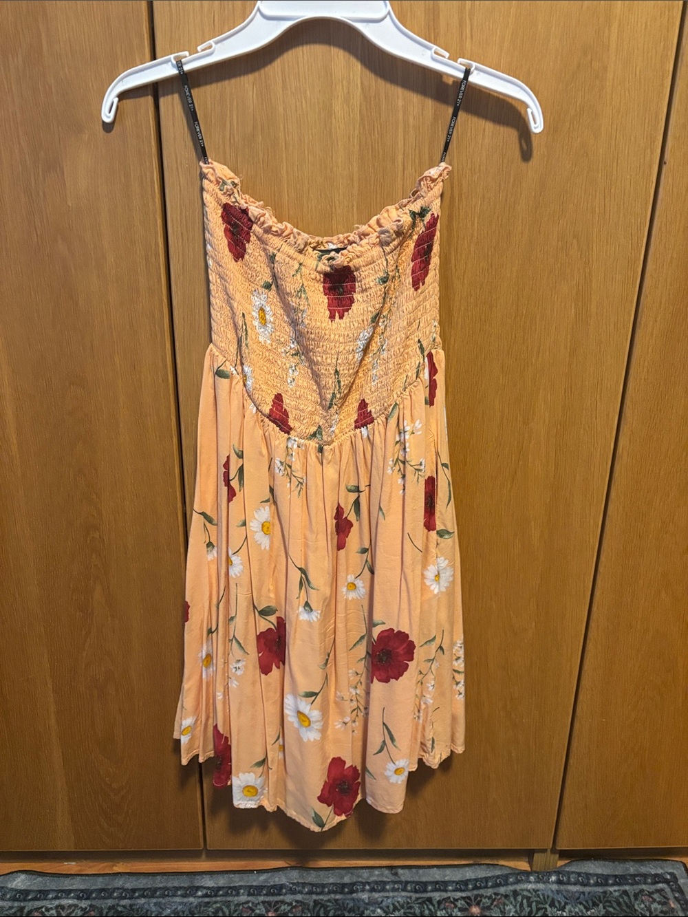 Forever 21 Peach Floral Smocked Mini Dress with Red & White Flowers